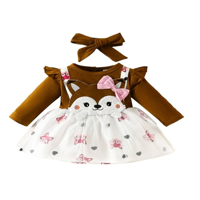 Robe d'Automne pour Bébés Filles Fox Robe à Manches Longues avec Nœud Robe Princesse Décontractée en Tulle avec Bandeau