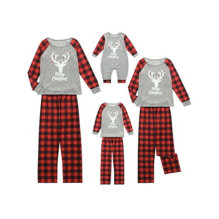 

brilliantme Matching Family Pajamas Sets Christmas PJ s Letter Print O-Neck Blouse Tops Plaid Pants 2PCS Christmas PJs