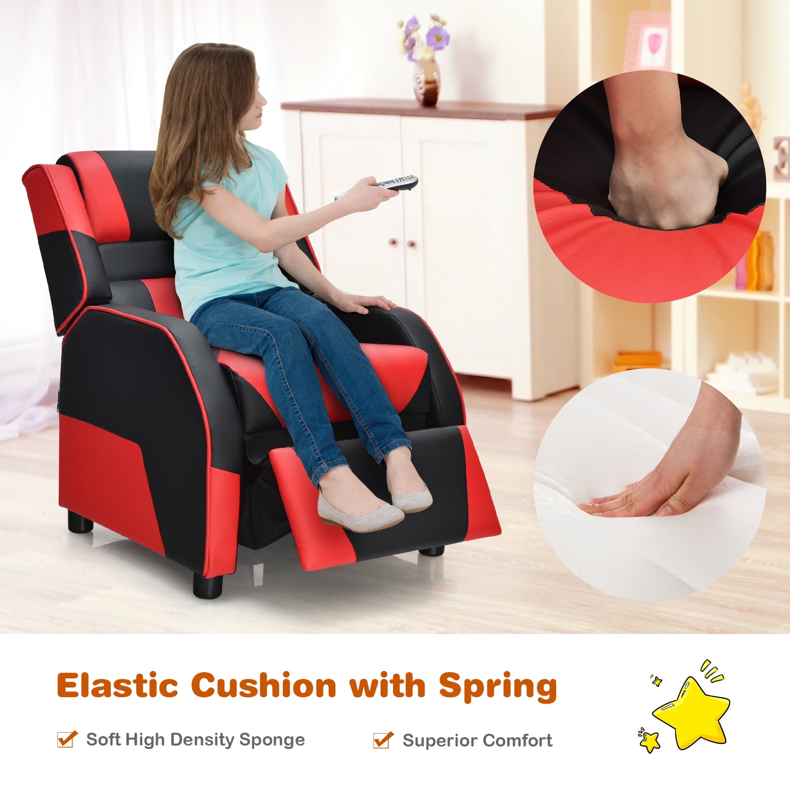 Infans Kids Youth Gaming Sofa Recliner w/Headrest & Footrest PU Leather Red