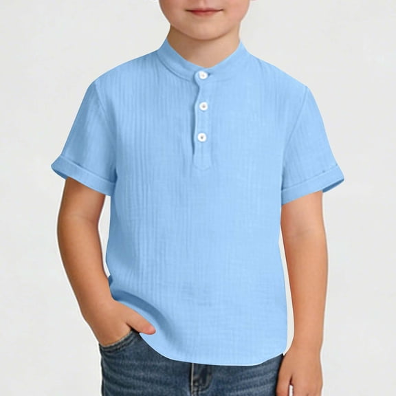 Short Sleeve Shirt for Boys Button Neck Henley Top Textured Fabric Kids Daily Casual School Playwear Comfort Summer Clothes for Teen