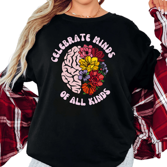 UNISHE Women's "Celebrate Minds Of All Kinds" Floral Brain Graphic Short Sleeve T-Shirt Casual Cotton Crewneck Top
