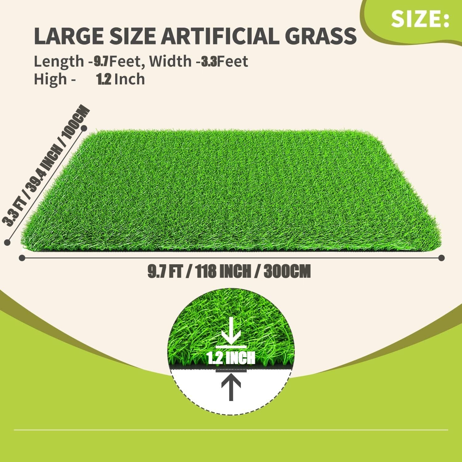 Realistic artificial grass mat, 3 feet x 10 feet artificial turf indoor and outdoor garden lawn landscape, artificial grass blanket with drainage holes
