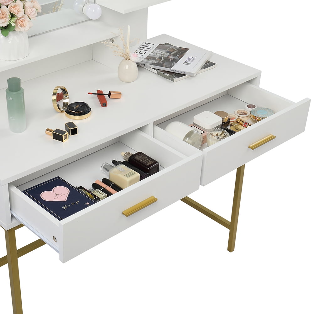 Kepooman Vanity Makeup Set, Upholstered Stool Vanity Set with 10 LED Bulbs, 3 Storage Shelves & 2 Drawers for Bedroom, White Kepooman Vanity Makeup Set, Upholstered Stool Vanity Set with 10 LED Bulbs, 3 Storage Shelves & 2 Drawers for Bedroom, White