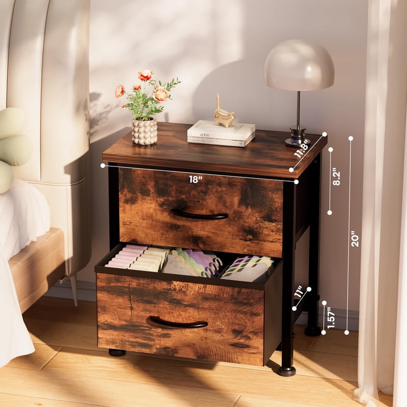 Simple Deluxe Nightstand 2 Drawers Dresser for Bedroom, 3-Tier Bedside Table with Fabric Bins, Night Stand Set 2, End Table for Living Room, wood top Load-bearing up to 44 lb
