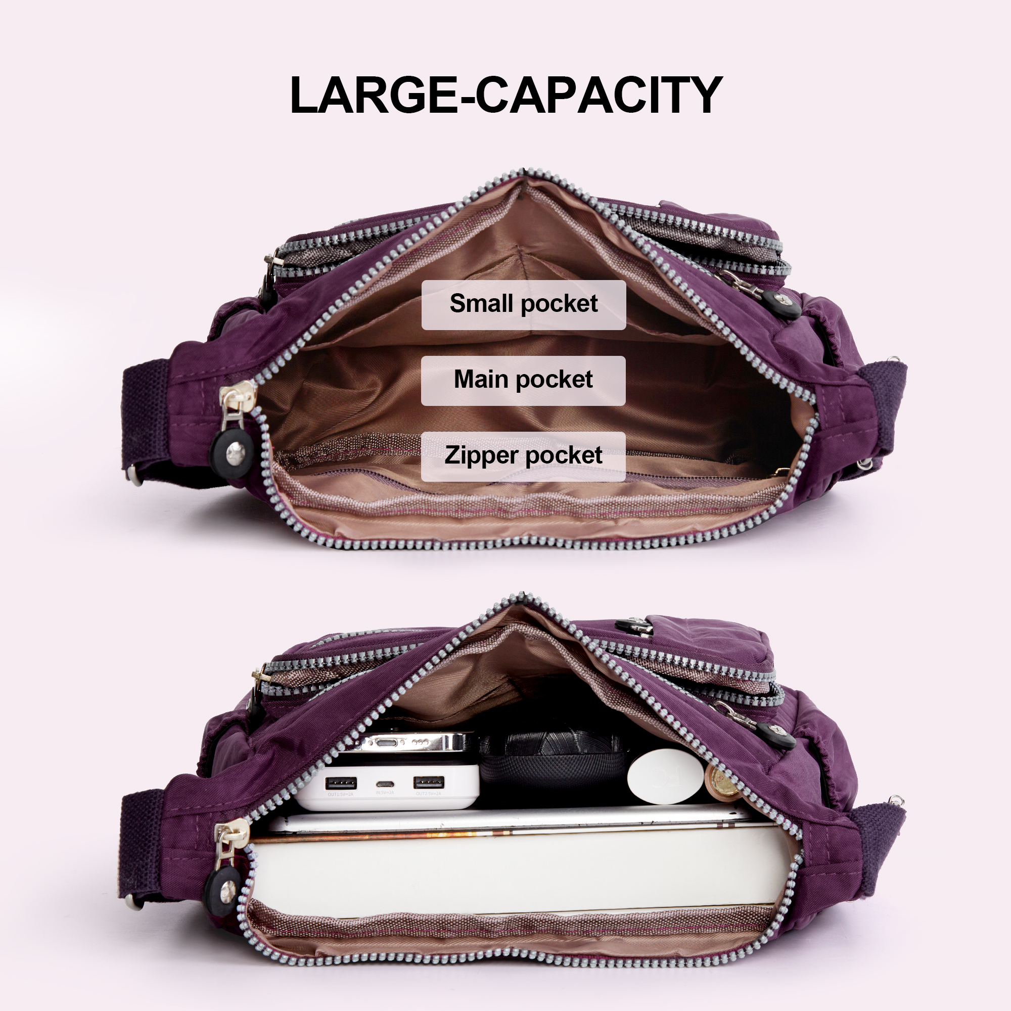 Vbiger Women's Purple Nylon Crossbody Bag with Multiple Pockets photo 5