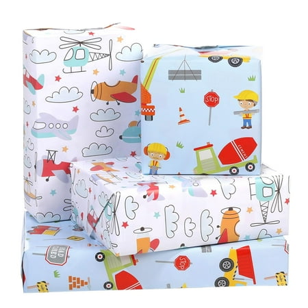 Construction Wrapping Paper PresNok 12 Sheets - Construction Vehicle Airplane Helicopter Wrapping Paper - Birthday Gift Wrap - Excavators Bulldozers Wrapping Paper - 20" x 28"