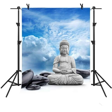 Image of HelloDecor 5x7Ft Buddha Backdrop Blue Sky White Cloud Black Stone Background Photo Video Studio Photography