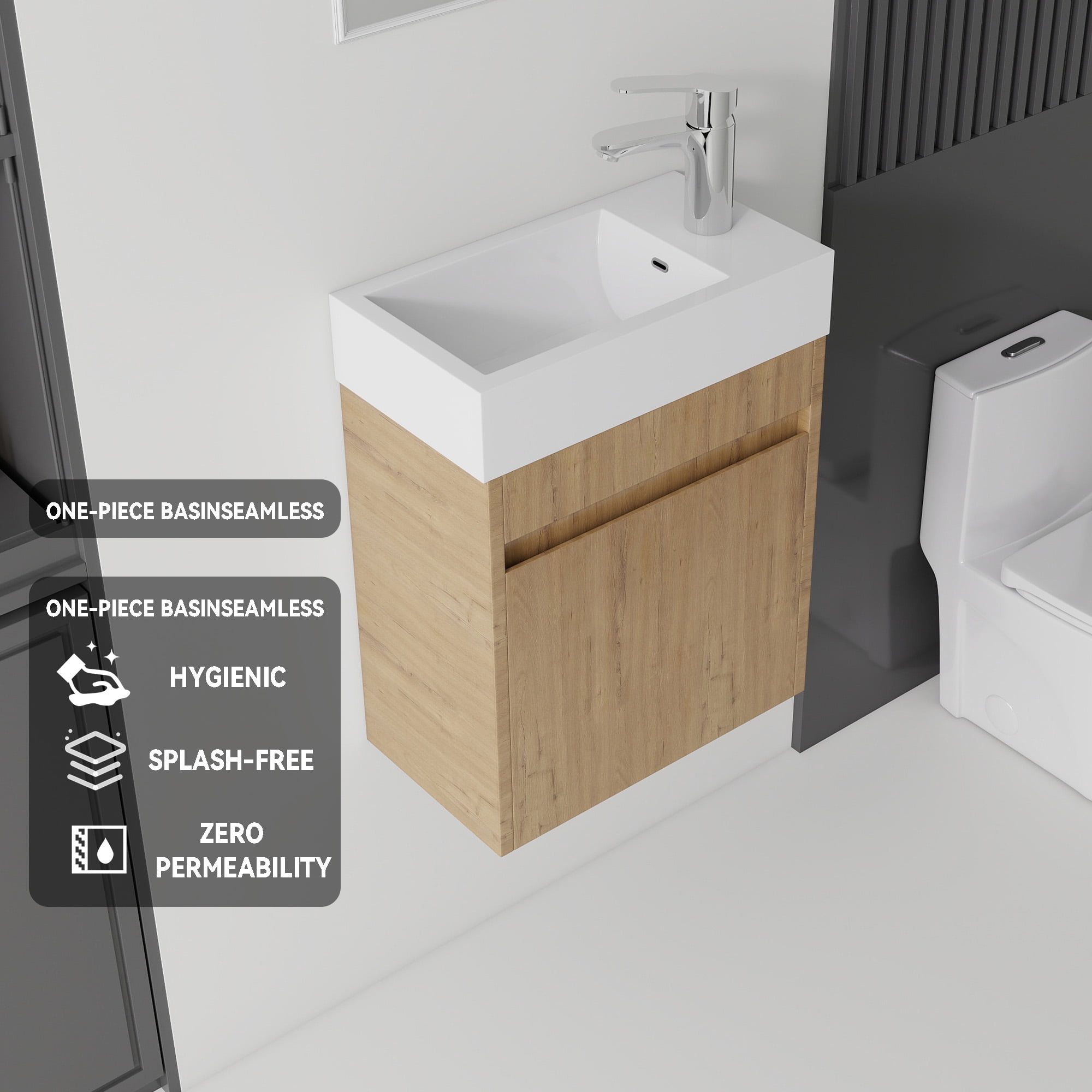 Leumius 18" Floating Bathroom Vanity with Ceramic Sink,Modern Wall Mounted Basin Cabinet with Soft-Close Doors for Small Bathrooms,Oak