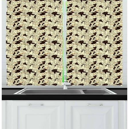 Cat Curtains 2 Panels Set, Cute Sketch Kittens Baby Animals Sleeping and Yawning Best Buddies Friendship, Window Drapes for Living Room Bedroom, 55W X 39L Inches, Pale Yellow Black, by