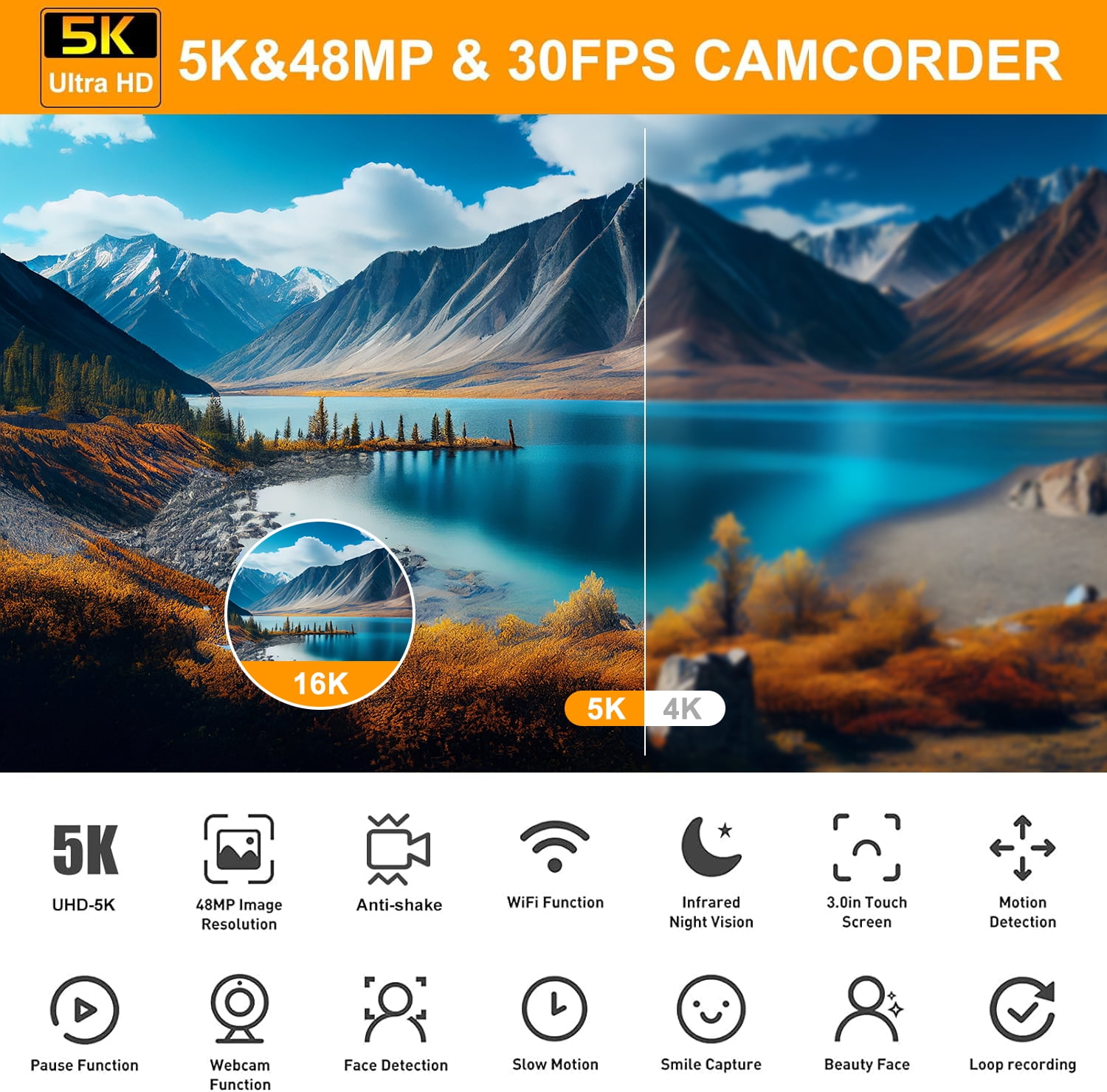 5K Video Camera 48MP UHD Wifi Camcorder IR Night Vision 16X Digital Zoom Vlog Cameras for YouTube
