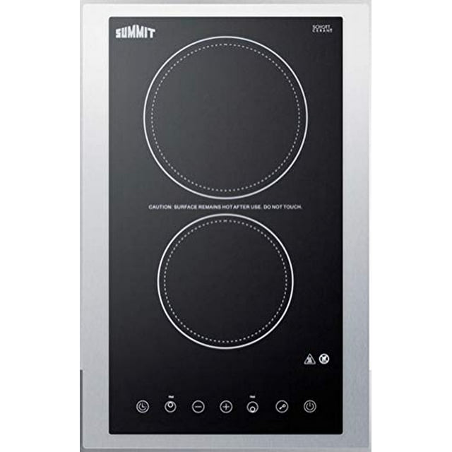 Summit Appliance CR2B23T3BTK15 2-Burner 230V Radiant Cooktop in Black Ceramic Schott Glass Surface with Digital Touch Controls & Stainless Steel Frame to Allow Installation in 15" Wide Counter Cutouts