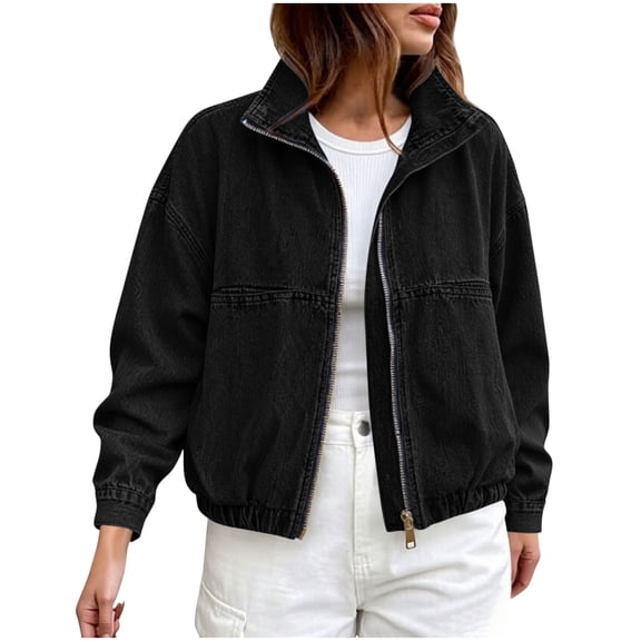 TtopsQueen Women’s Oversized Denim Bomber Jacket, Stand Collar Full Zip Cropped Jean Coat with Elastic Hem & Cuffs, Loose Fit Casual Streetwear Outerwear Black,L