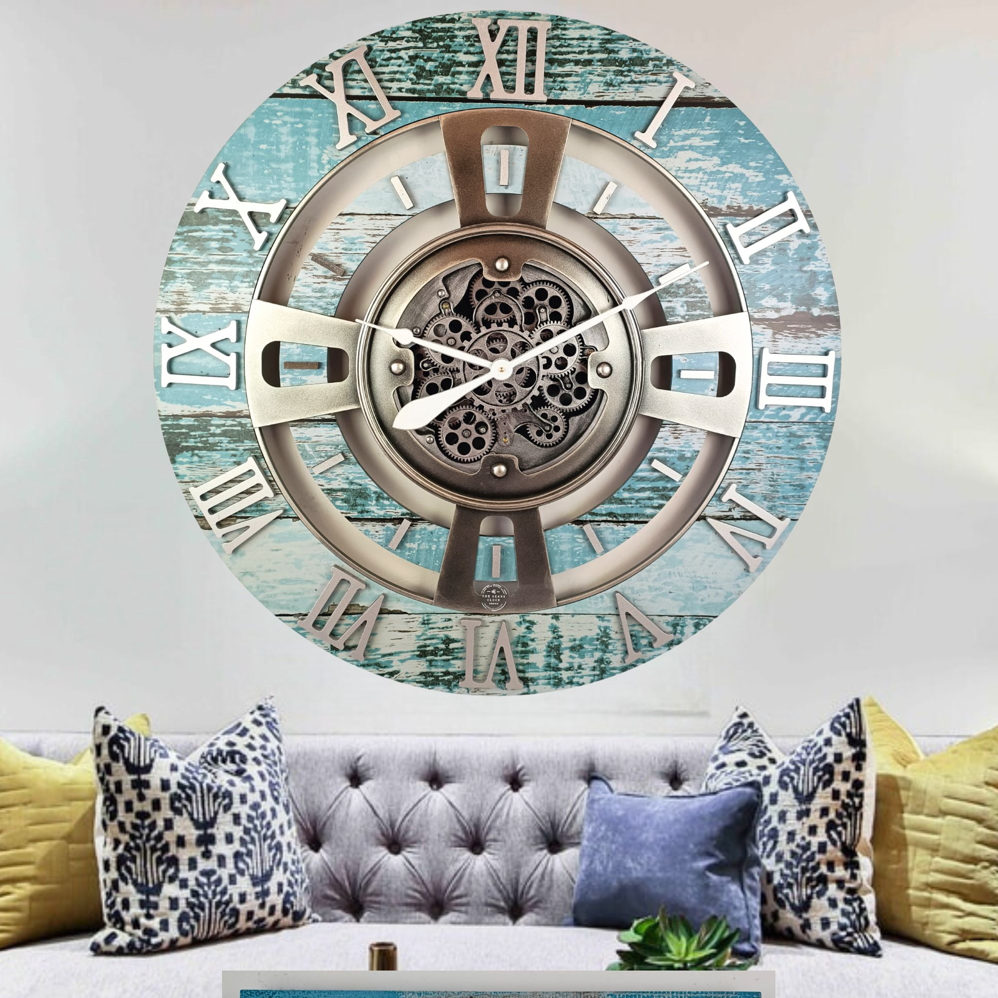 THE GEARS CLOCK Wall Clock with Real Moving Gears EN-LI_ 36 in Round Aqua-Green