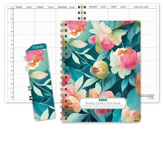 Elan Publishing Company Teacher Planner 2025-2026 Academic Year, 7 Period Dated Teacher Lesson Planner, Days Horizontally Across The Top, Hardcover with Bonus Clip-in Bookmark, 8.5"x11", Teal Floral