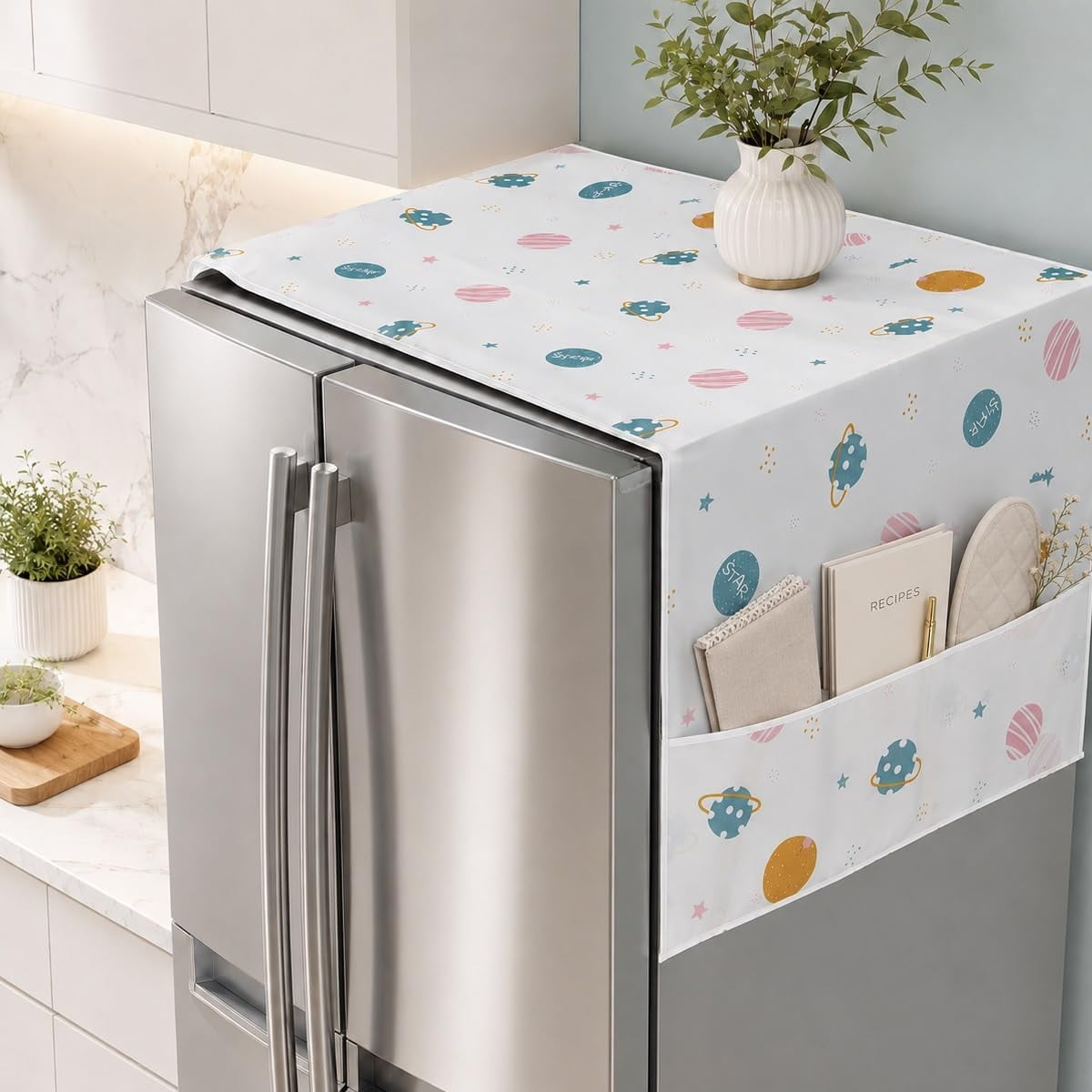 Refrigerator Dust Cover Top with Storage Pockets, Multifunctional Waterproof Fridge Cover | Planet,52 x 22 inches