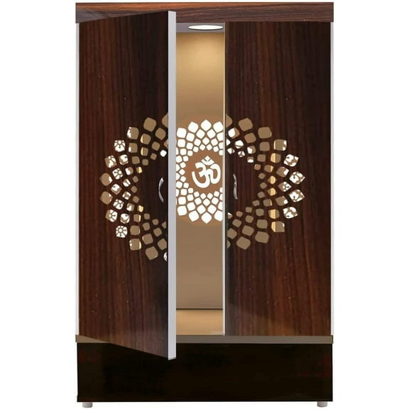 Wooden Pooja Temple With Doors And Storage Cabinets With LED / Mandir For Home & Office / Temple For Home / Pooja Ghar / Mandir With Lights