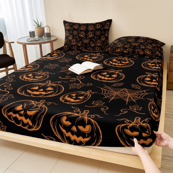Cal.King Size Fitted Sheet Set - Orange Pumpkins Halloween 3 Piece Bedding Sets 16" Deep Pocket Fitted Sheet with 2 Pillowcases, Autumn Botanical Black Brushed Microfiber Hotel Luxury Bed Sheets