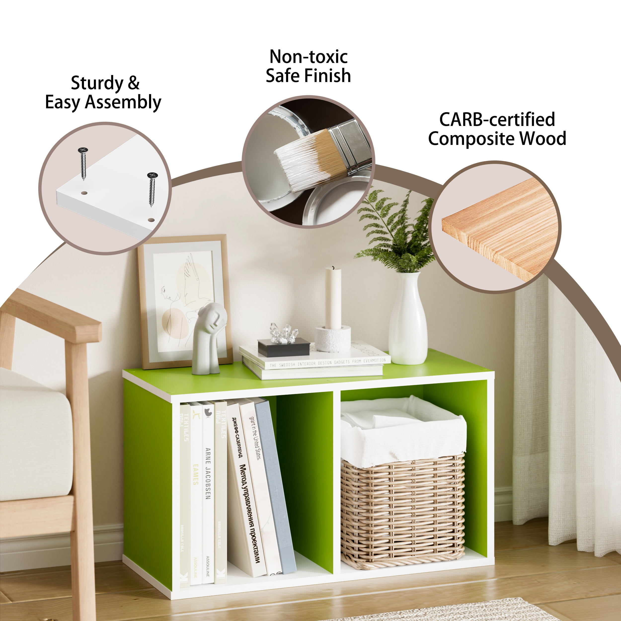 HOMLUX 9" x 12" x 21" Storage Shelf 2 Tier Cube Bookcase, Suitable for Small Space, White & Green