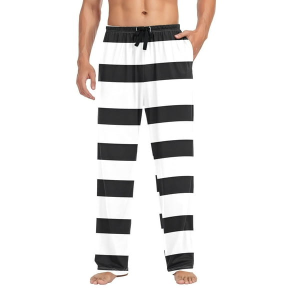 Minimalist Black and White Stripe Mens Cotton Pajama Pants Long Staple Lightweight Sleep Bottoms with Pockets Breathable