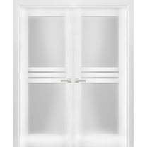 Solid French Double Doors Opaque Glass 4 Lites / Mela 7222 White Silk / Wood Solid Panel Frame / Closet Bedroom Modern Doors