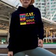 thumbnail image 2 of Distressed Eat. Sleep. Golf. Repeat. with Clubs, Golf Player, Golfing or Golfer Themed Merch Gift, Navy Blue Hooded Sweatshirt or Hoodie, 3XL, 2 of 5