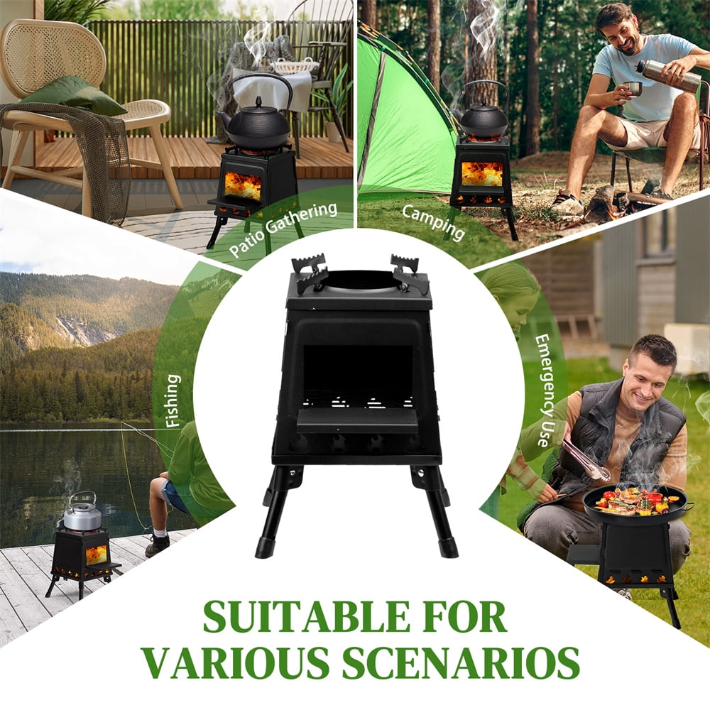 Tcbosik Camping Wood Burning Stove with Carrying Bag, Portable Heat Stove for Outdoor Cooking Heating Picnic Hiking BBQ Travel, Black