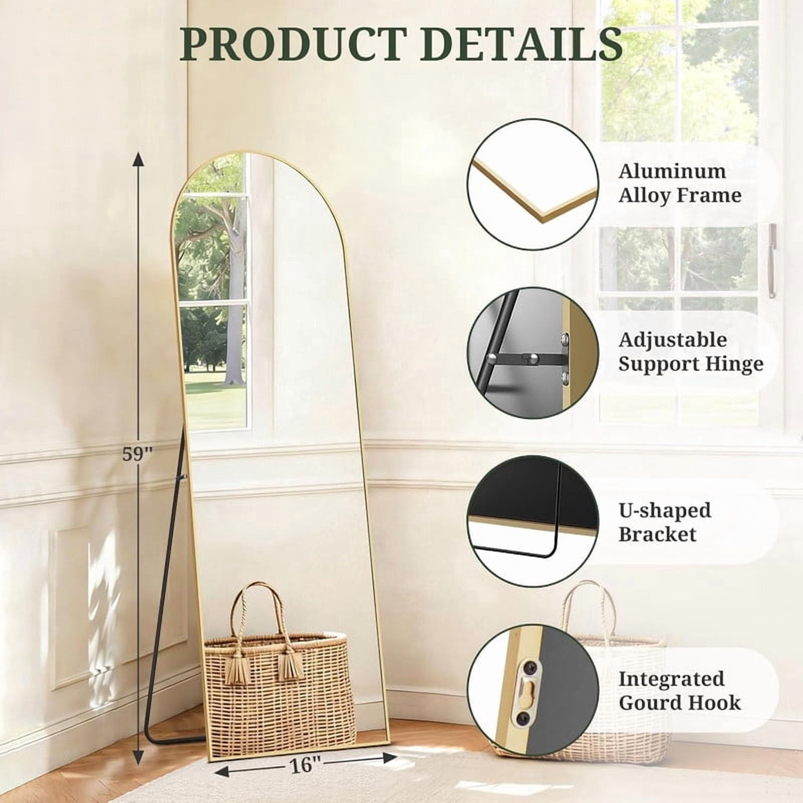 Easy4Home 59"x16" Arched Full Length Mirror Freestading Full Body Floor Mirror, Gold