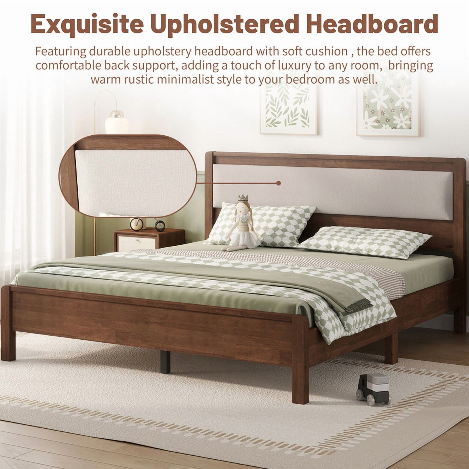 Queen Size Wooden Bed Frame with Upholstered Headboard, Low Profile Platform Bed with Central Support Legs