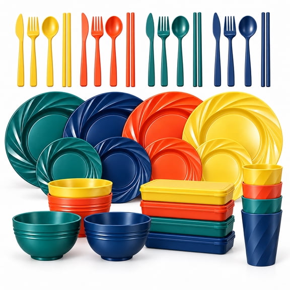 Wheat Straw Dinnerware Set, 36-Piece Plates and Bowls Set for 4, Multicolor