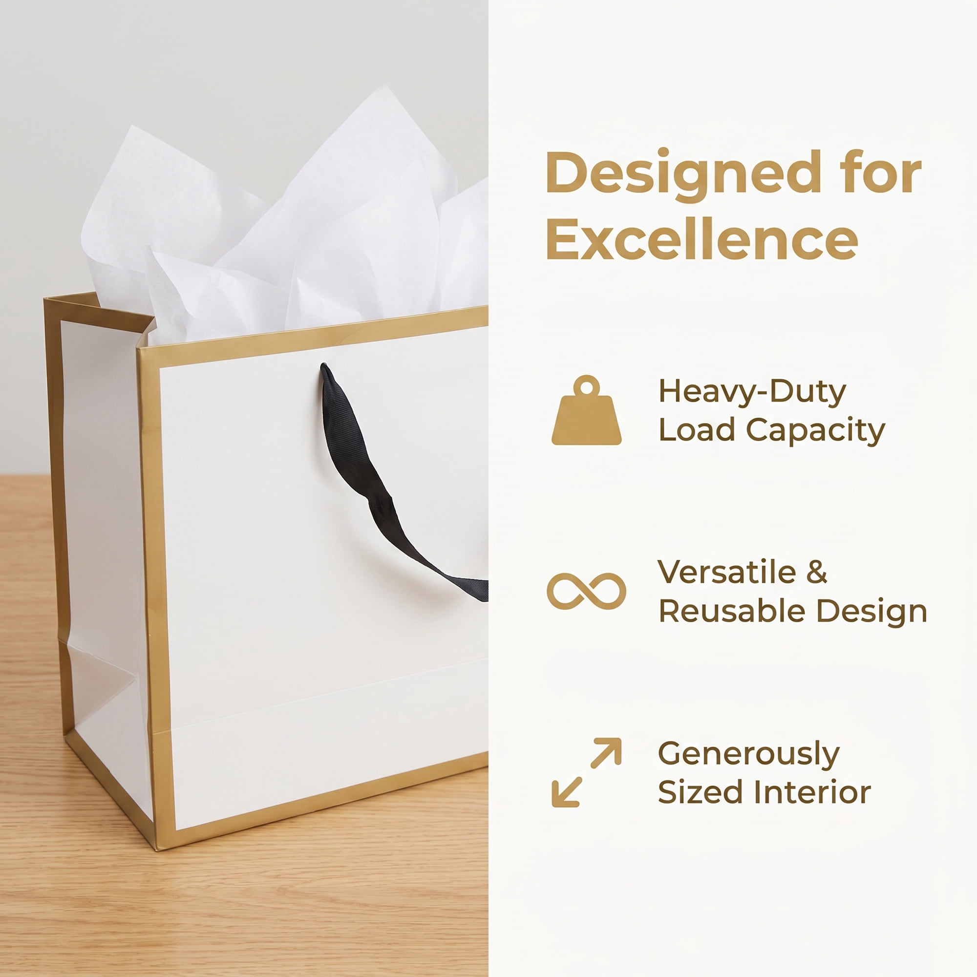 Unique Bargains Sturdy Thick Horizontal Paper Gift Bags White Gold 12.6" x 4.3" x 9.8"