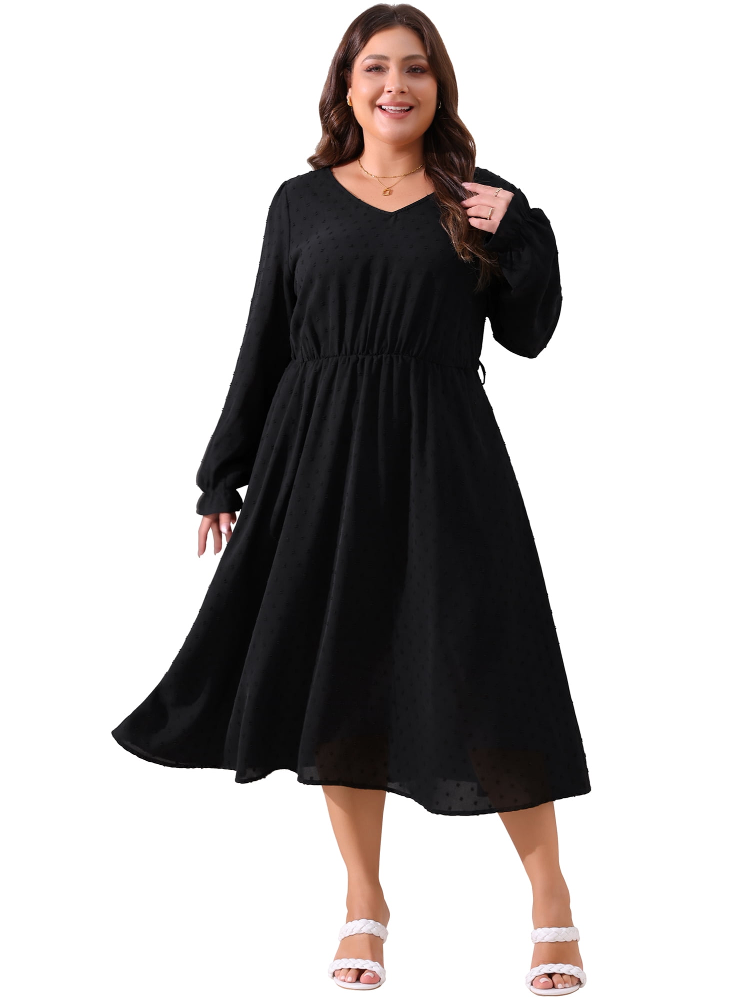 DARING DIVA Plus Size Swiss Dot V Neck Long Sleeve Midi Dress 4X Black