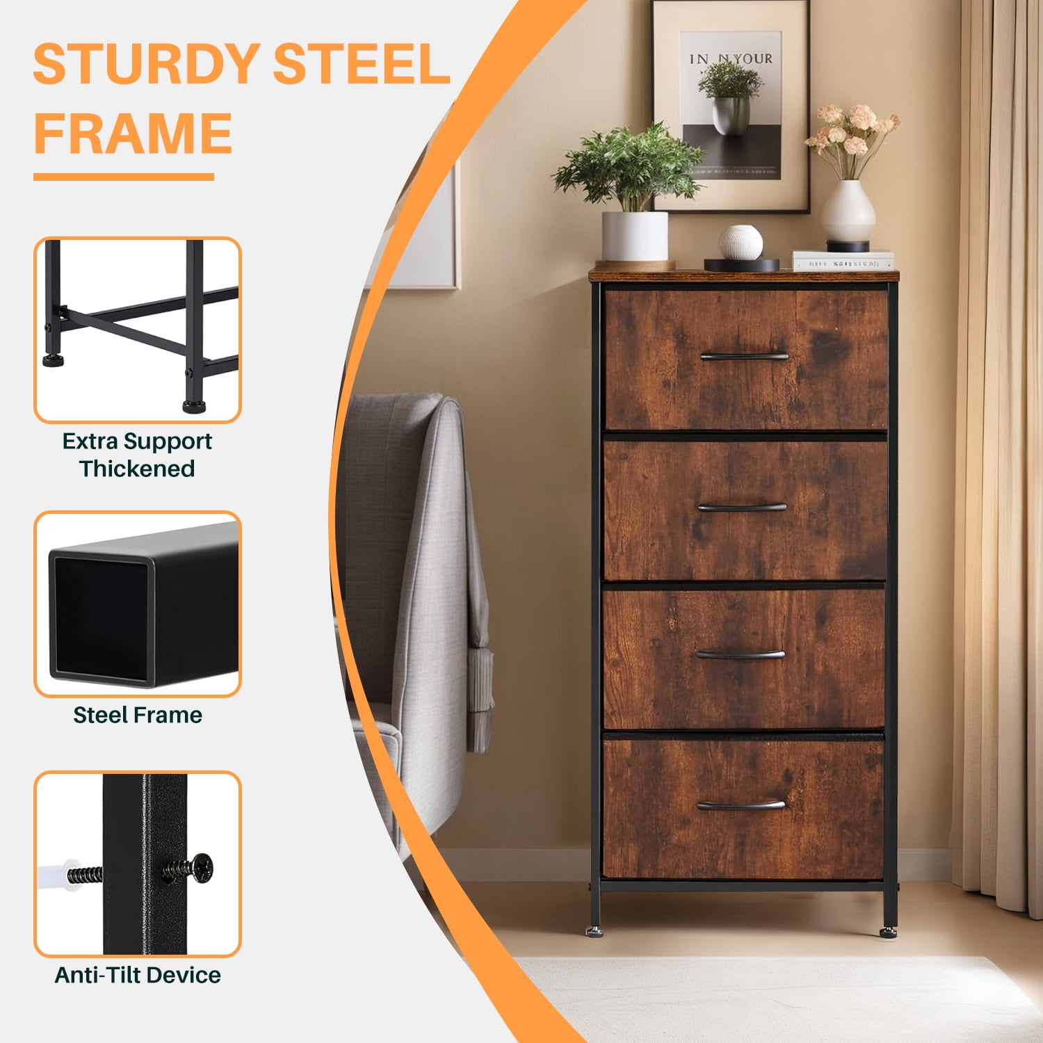 Simenmax 4 Storage Dresser for Bedroom, Wide Fabric Closet Chests Organizer Tower Furniture, Brown