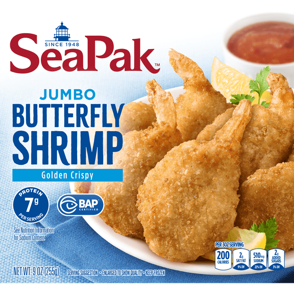 SeaPak Jumbo Butterfly Shrimp in Crispy Breading, 9 oz Box, BAP Certified, Frozen