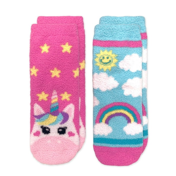 Jefferies Socks Girl's Unicorn and Colorful Rainbow Fuzzy Slipper Socks 2  Pack, Multi, Small 