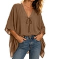 thumbnail image 4 of Vivianyo HD Women's Knotted V Neck Blouse, Batwing Sleeve Crinkle Woven Handkerchief Hem Casual Top for Women, Sizes S-2XL, 4 of 8