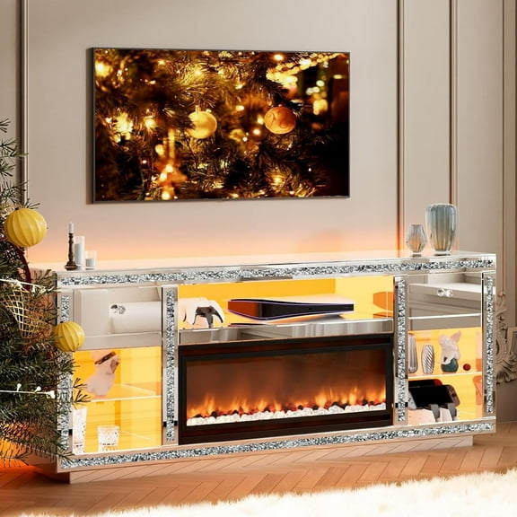 Advwin Mirrored Fireplace TV Stand for TVs up to 70", Silver Crushed Diamond TV Console with 31" Electric Fireplace, LED-Lit Storage Cabinets,  Modern Entertainment Center for Living Room, Bedroom