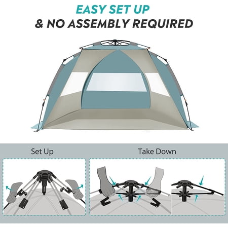 OutdoorMaster Pop Up Beach Tent for 4 Person - Easy Setup and Portable Beach Shade Sun Shelter Canopy with UPF 50  UV Protection Removable Skylight Family Size - Light Blue Gray