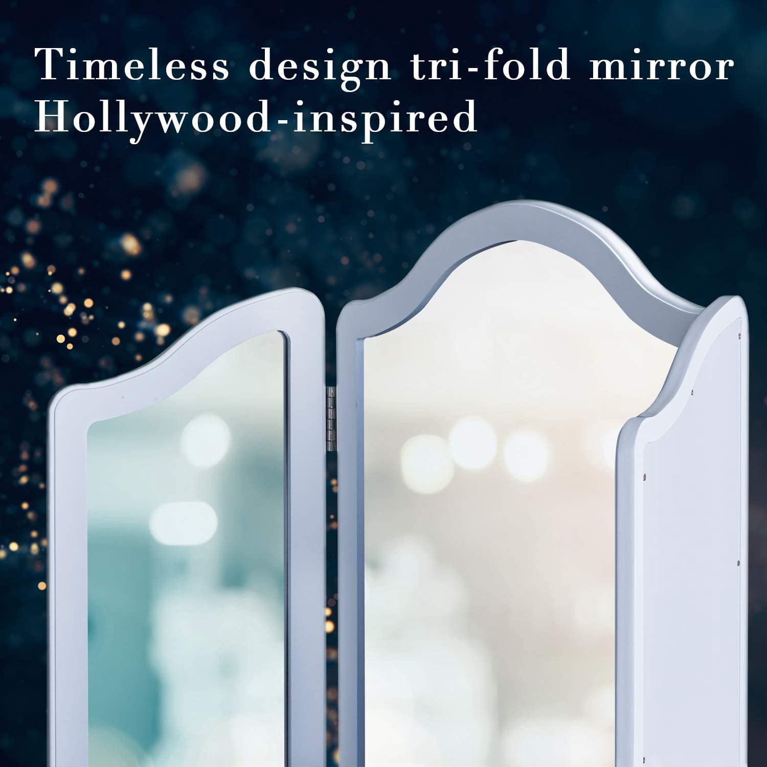 Luxfurni Hollywood Large Vanity Trifold Makeup, 3 Side Folding Tabletop Mirror, White