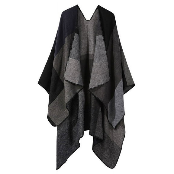 Nvzi-c Women's Shawl Wraps Open Front Poncho Cape Oversized Sweaters Casual Cardigan Shawls for Fall Winter，Square Grid Black Gray