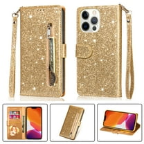 iPhone 13 Pro Max Wallet Case for Women/Girls,Dteck Bling Glitter Sparkly Girly Folio Leather Zipper Pocket Magnet Clasp Phone Case with 3 Card Holder,Strap and Standx, Gold