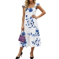 thumbnail image 2 of LWavelet Women's Square Neck Ruffle Strap Floral Print Tiered Midi Dress for Casual & Summer Wear Blue M, 2 of 5
