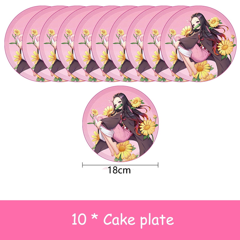 9 Piece Set Demon Slayer Kamado Nezuko Theme Birthday Party Decoration Supplies Anime Kamado Nezuko Tablecloth Paper Cups Set Buffet Tableware Supplies