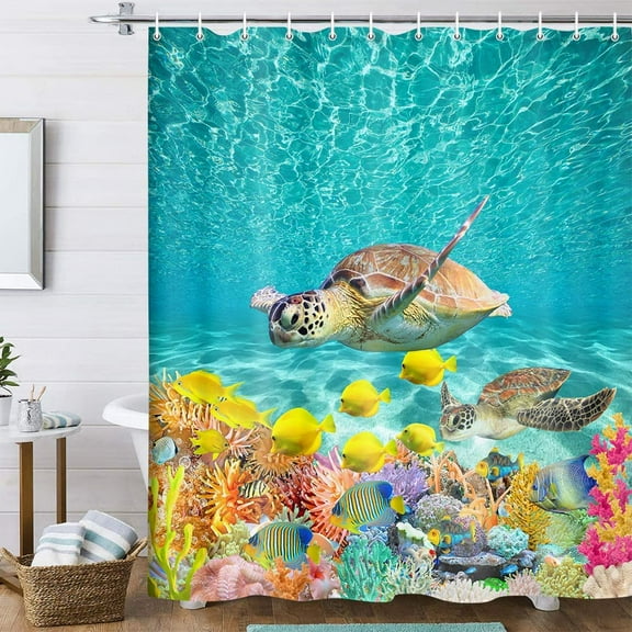 Ocean Underwater Sea Turtle Shower Curtain, Seawater Seabed Landscape Beach Sea Turtle Fish Coral Reef Marine Animal Shower Curtain for Bathroom, Fabric Kids Bathroom Curtain 70X70IN Turquoise