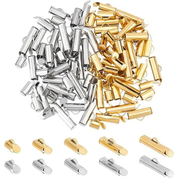 100 Pcs 5 Sizes 2 Colors Stainless Steel Slide On End Clasp Tubes Slider End Caps Crimp End Tube Slider Clasp