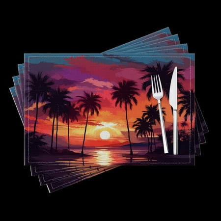 

BaHomeck placemats Set of 4 Sunset With Palm Trees On Beach Cotton Linen rectangle Placemats for Kitchen Dining Table Indoor Outdoor 18*12inch