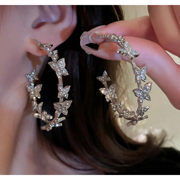 Trendy pierced 2" silver clear stone butterfly open back hoop earrings