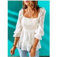 thumbnail image 2 of Camisa de mujer Camiseta superior Camiseta con cuello cuadrado Blusa ahumada Manga 3/4 con volantes Poliéster para primavera verano, 2 of 6