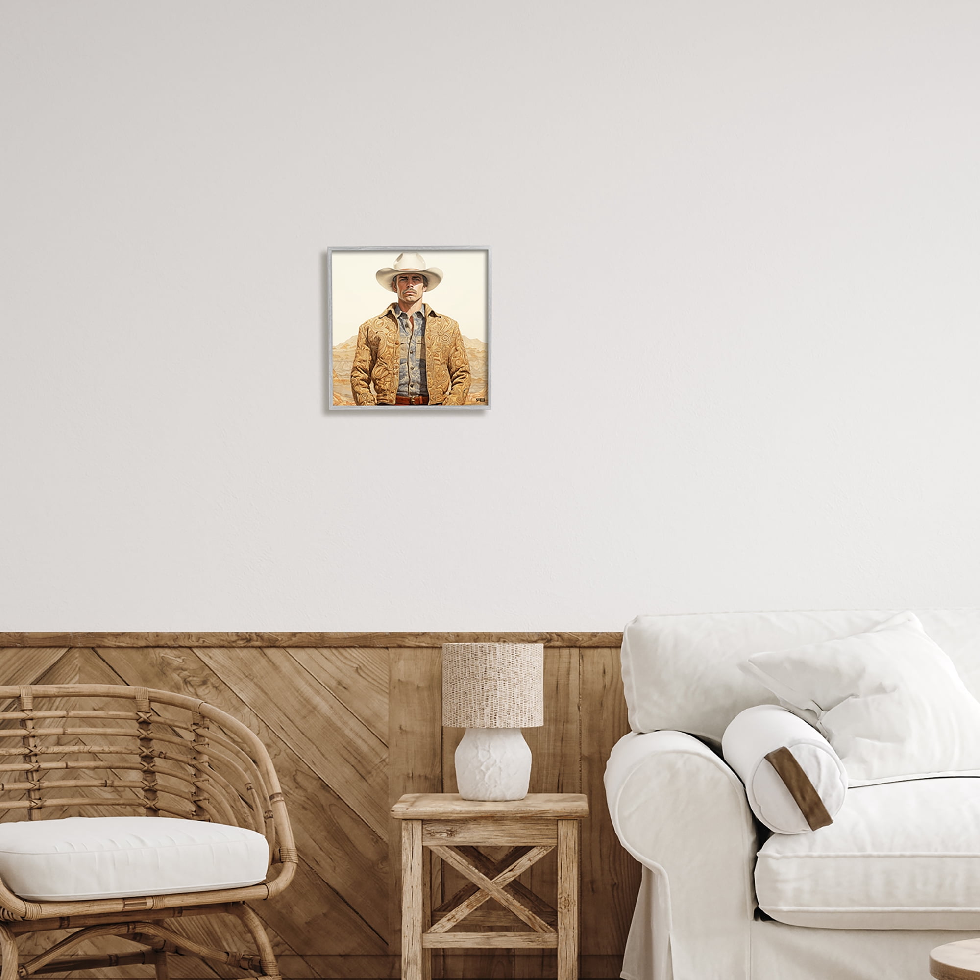 Stupell Industries Cowboy in Paisley Jacket Landscape Painting Gray Framed Art Print Wall Art, 12 x 12