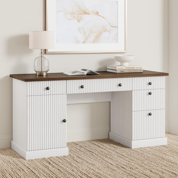 Fluted Home Office Desk Storage, 60 in Modern Executive Desk with Charging Station, Wooden Computer Writing Desk with File Cabinet & Drawers for Study, Living Room, Bedroom-Brown&Whte