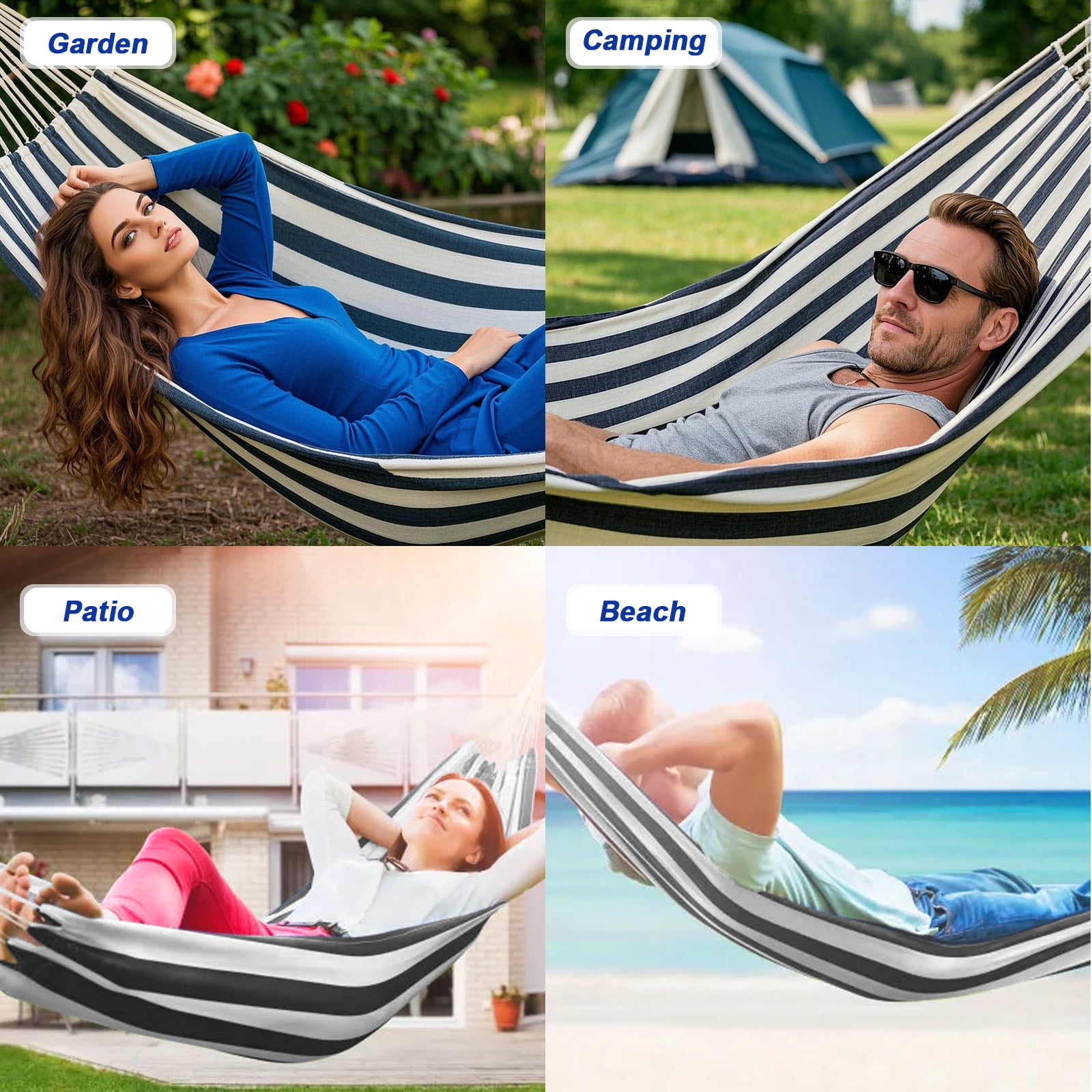 Double Hammock Comfortable for Hanging Sturdy 440lbs Capacity Hammock for Camping Outside Garden Outdoor Indoor Patio Backyard, Black and White